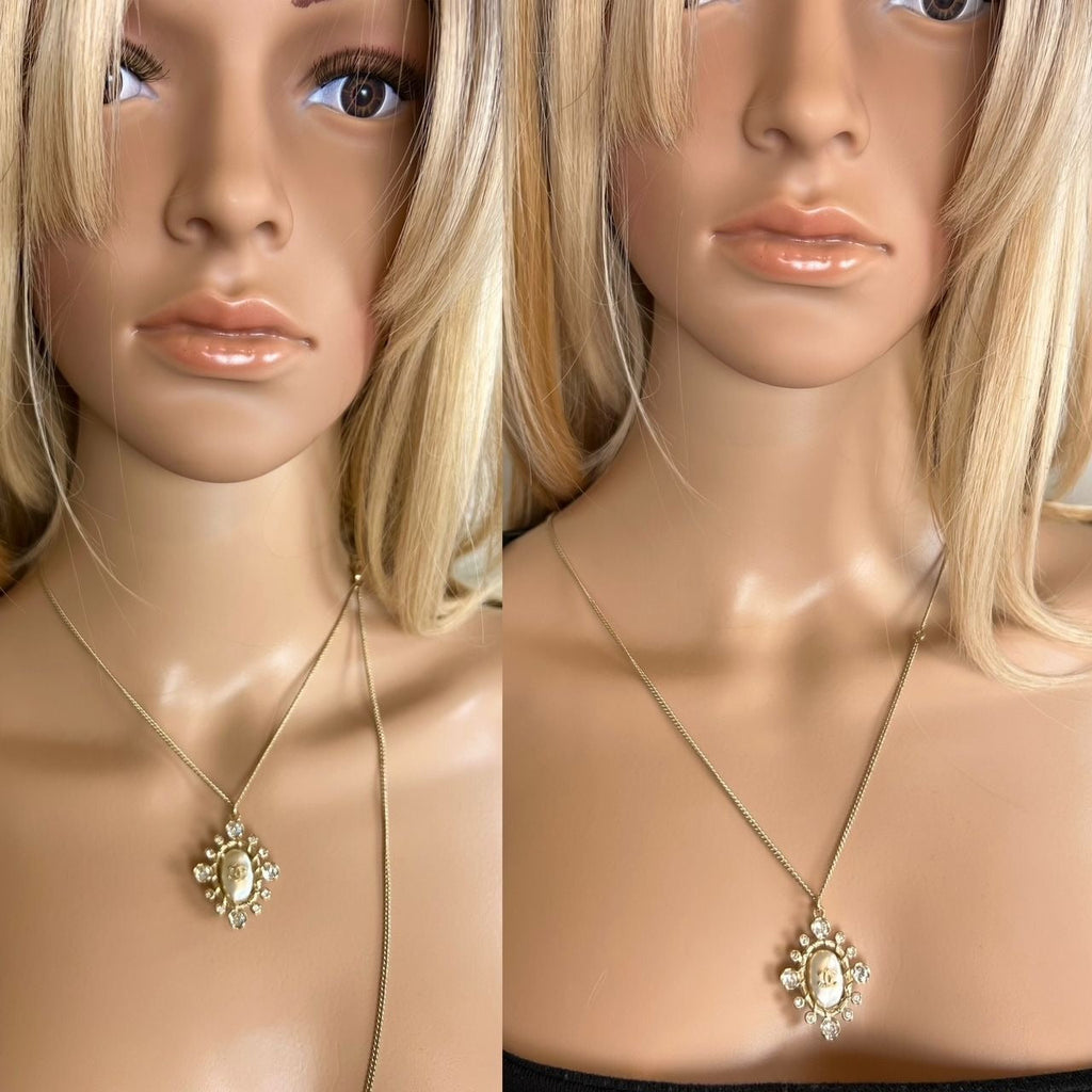 Chanel Crystal CC Necklace Gold Pearly Fashion Jewelry
